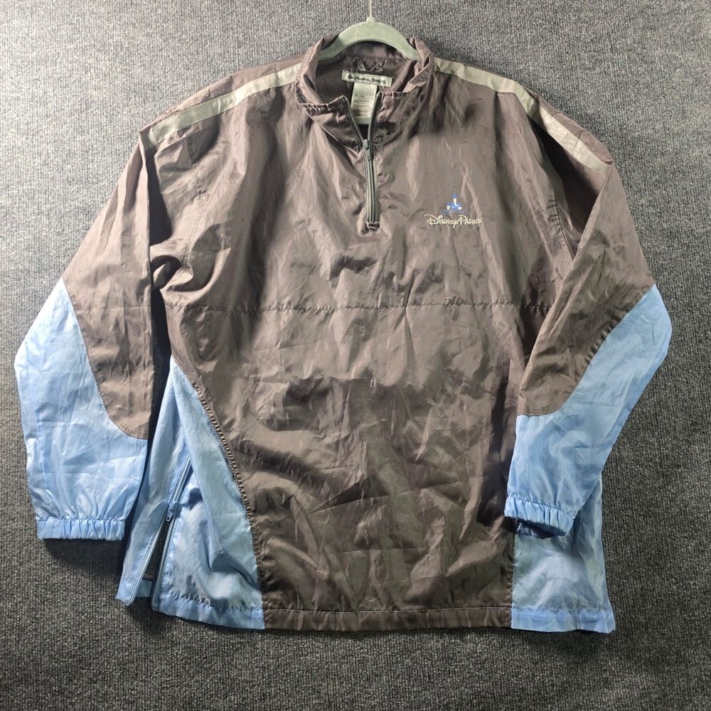 Disney Parks Windbreaker Jacket Brown Blue Quarter Zip Castle Logo Mens M/L